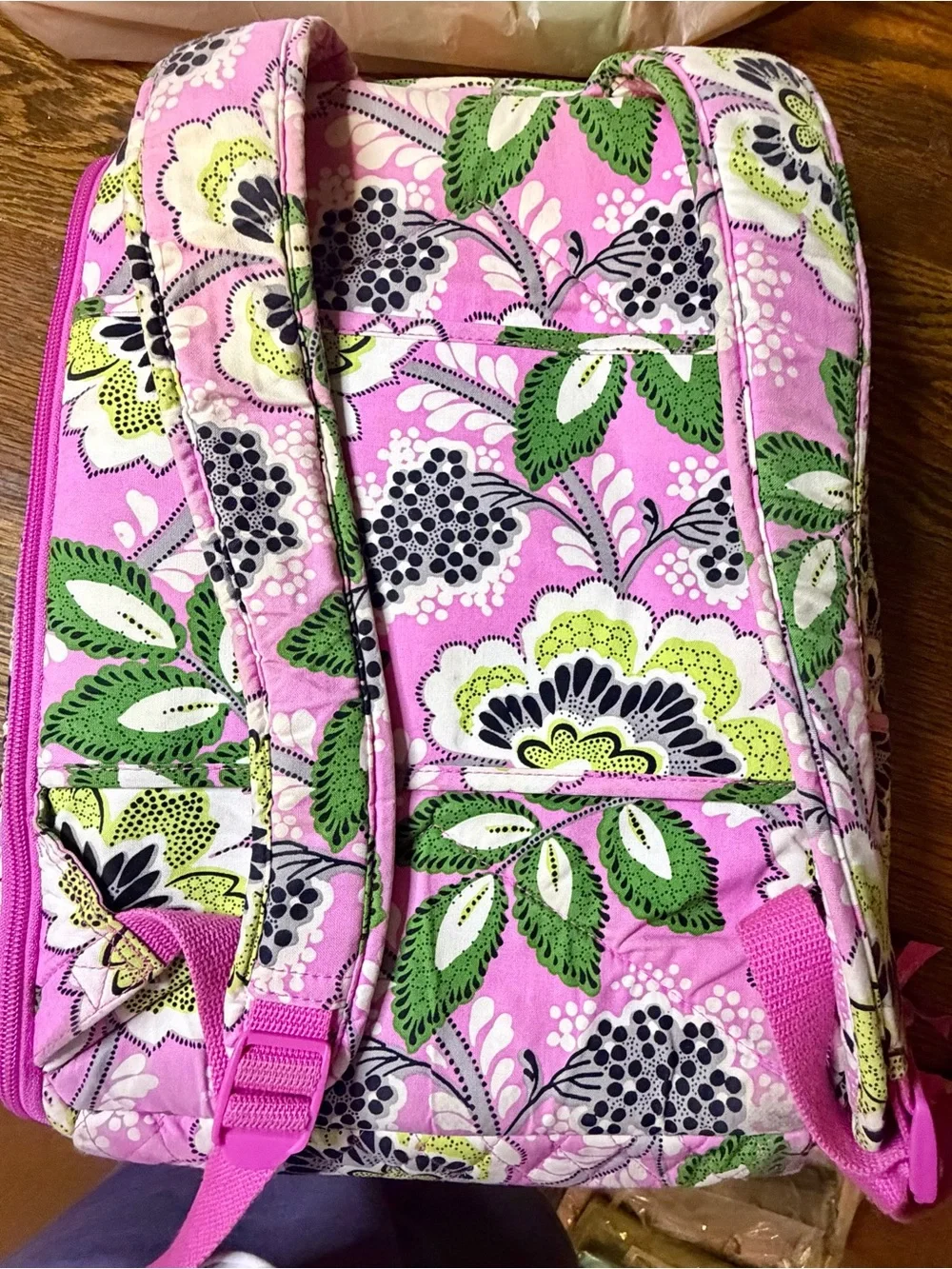 Vera Bradley Pink Floral Quilted Backpack with Green Accents